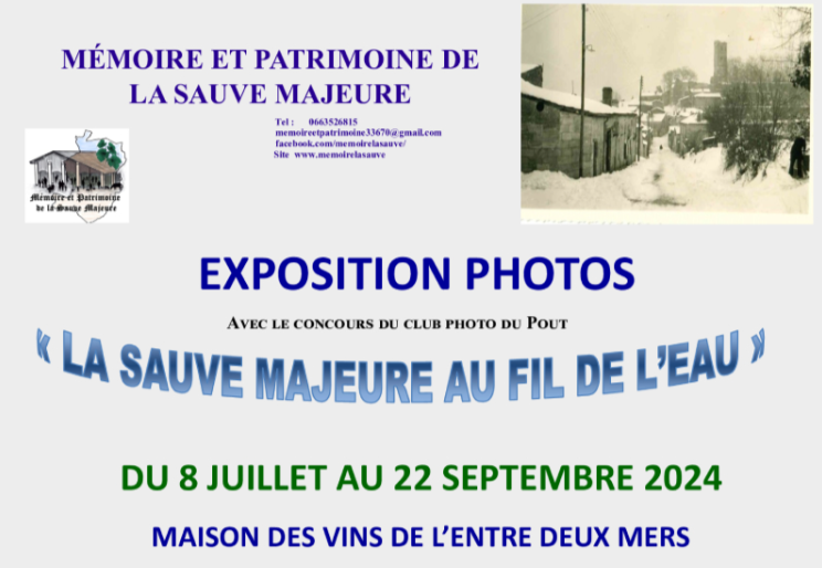 Explorez l'exposition photo « La Sauve-Majeure au Fil de l'Eau » du 8 juillet au 22 septembre 2024 à La Sauve. Une immersion dans le patrimoine de l'Entre-Deux-Mers à travers des clichés uniques. Entrée gratuite.