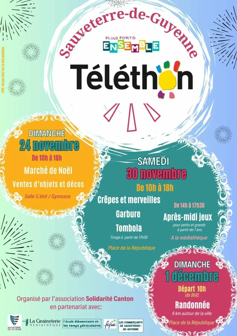 Participez au Téléthon 2024 à Sauveterre-de-Guyenne : marché de Noël, gourmandises, jeux, randonnée et solidarité pour soutenir la recherche et les malades.