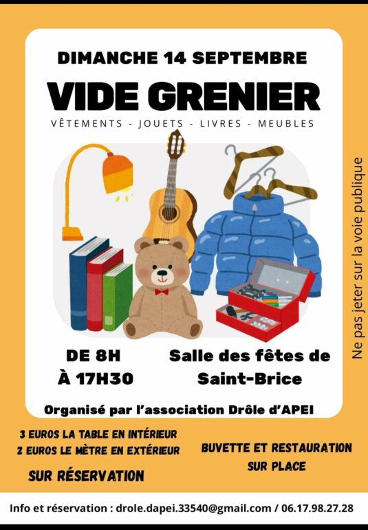 L'association Drôle d'APEI se relance avec une énergie incroyable et vous invite à son premier grand événement de la rentrée un vide-grenier à Saint-Brice L'association Drôle d'APEI se relance avec une énergie incroyable et vous invite à son premier grand événement de la rentrée un vide-grenier à Saint-Brice