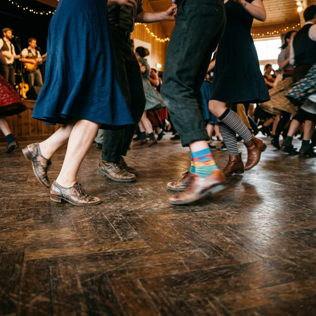 Pieds de danseurs sur un parquet en bois lors d'un bal traditionnel folk.
