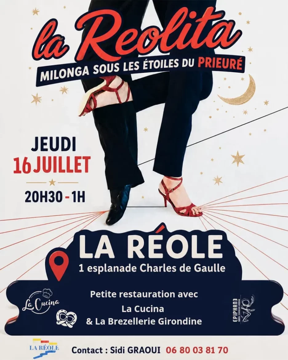 Jeudi 16 juillet, tango argentin en plein air à La Réole, esplanade Charles-de-Gaulle, de 20h30 à 1h. Gratuit, restauration sur place.
