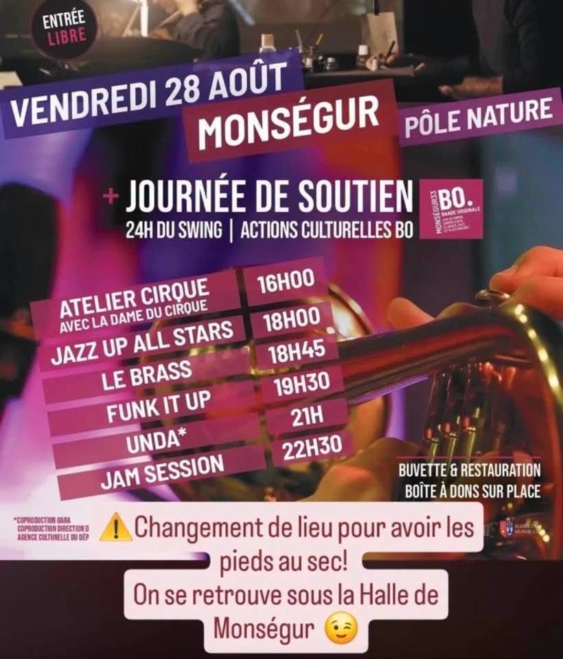 Vendredi 28 août, la journée de soutien aux 24 Heures du Swing quitte le Pôle Nature pour la halle de Monségur. Entrée libre, concerts dès 18h.