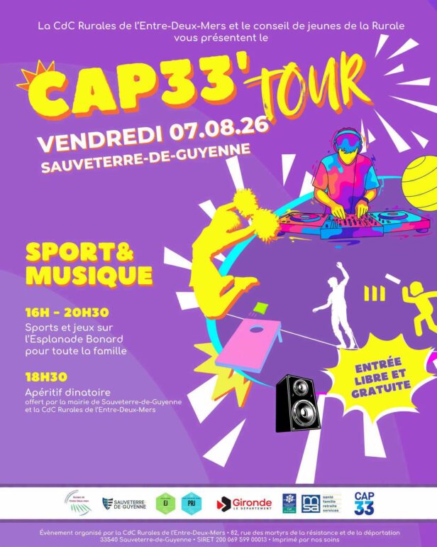Vendredi 7 août, 16 h–20 h 30, esplanade Bonard à Sauveterre : sports, jeux et musique gratuits, apéritif dinatoire offert à 18 h 30. Entrée libre.