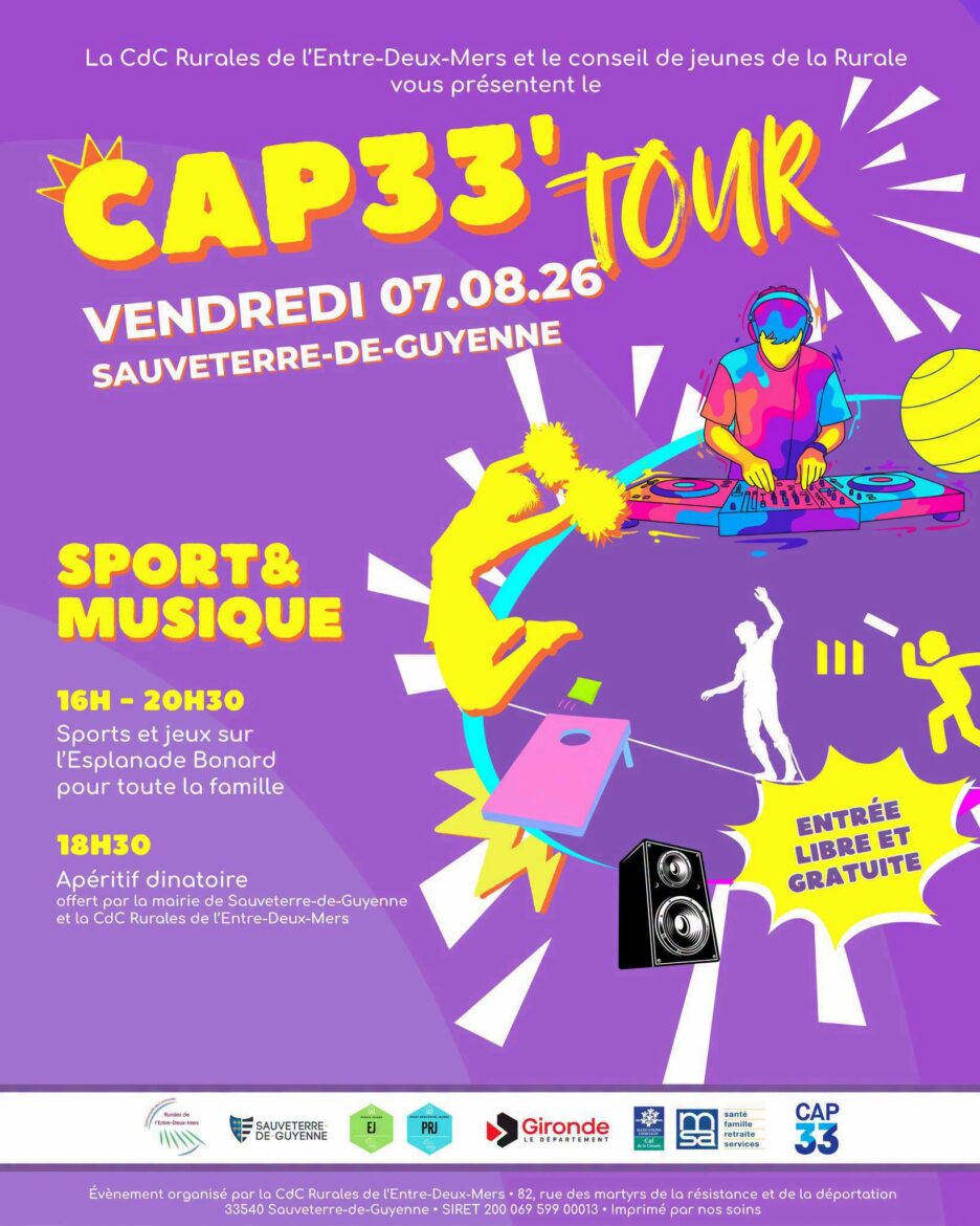 Vendredi 7 août, 16 h–20 h 30, esplanade Bonard à Sauveterre : sports, jeux et musique gratuits, apéritif dinatoire offert à 18 h 30. Entrée libre.