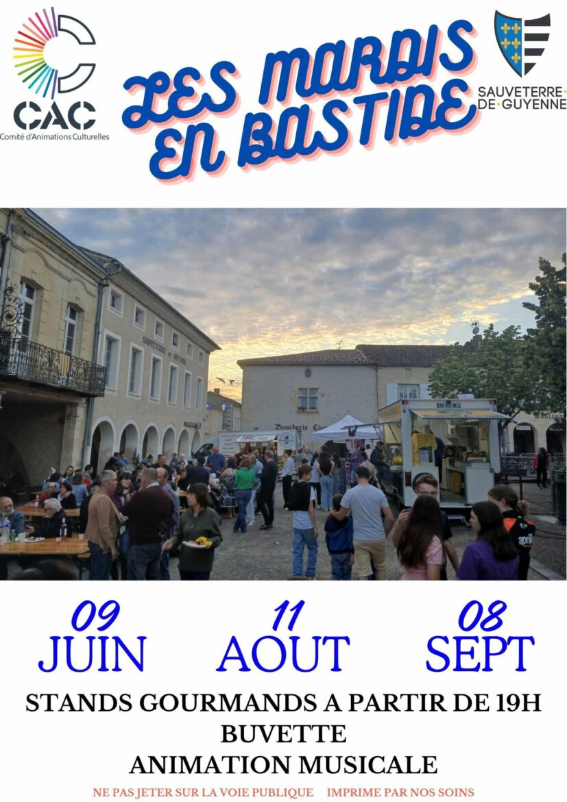 Mardi 11 août à Sauveterre-de-Guyenne : stands gourmands dès 19 h, buvette et musique avec Tand'M sur le parvis de l'hôtel de ville. Entrée libre.
