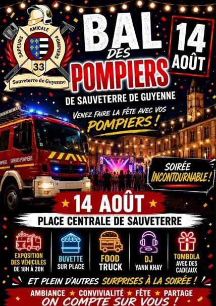 Le bal des pompiers de Sauveterre-de-Guyenne est maintenu le 14 août place centrale. Le feu d'artifice est annulé, vigilance rouge oblige.
