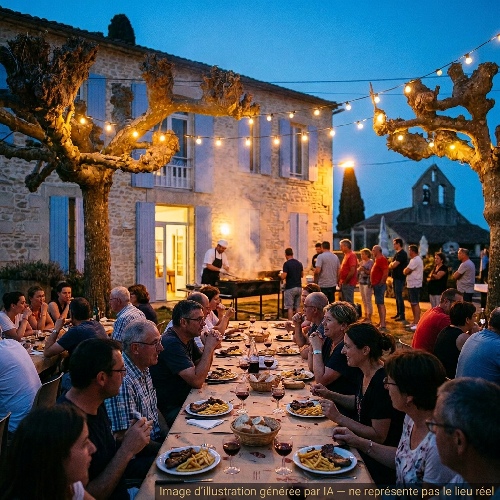 Marché gourmand en soirée dans un village de l'Entre-deux-Mers. Image d'illustration générée par IA.