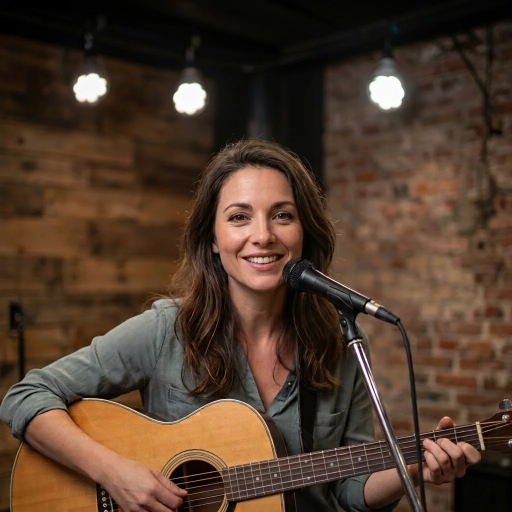 Musicienne avec une guitare qui chante dans un micro sur une petite scène, avec le bandeau « Le grand casting » et le sous-titre « Devenez l'artiste du coin ».