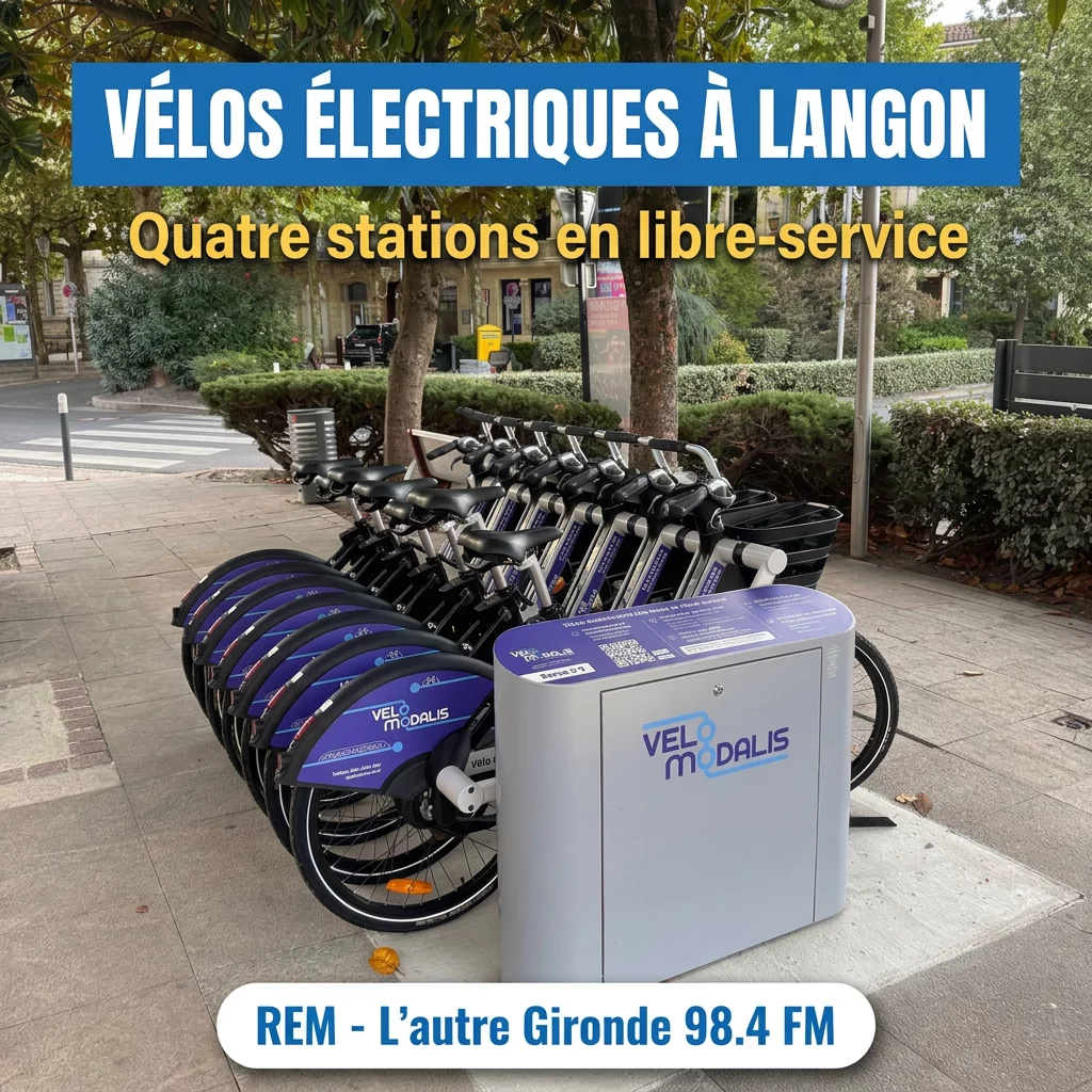 es quatre stations Vélo Modalis installées à Langon en septembre 2026. Photo : Ville de Langon. Habillage graphique généré par IA.