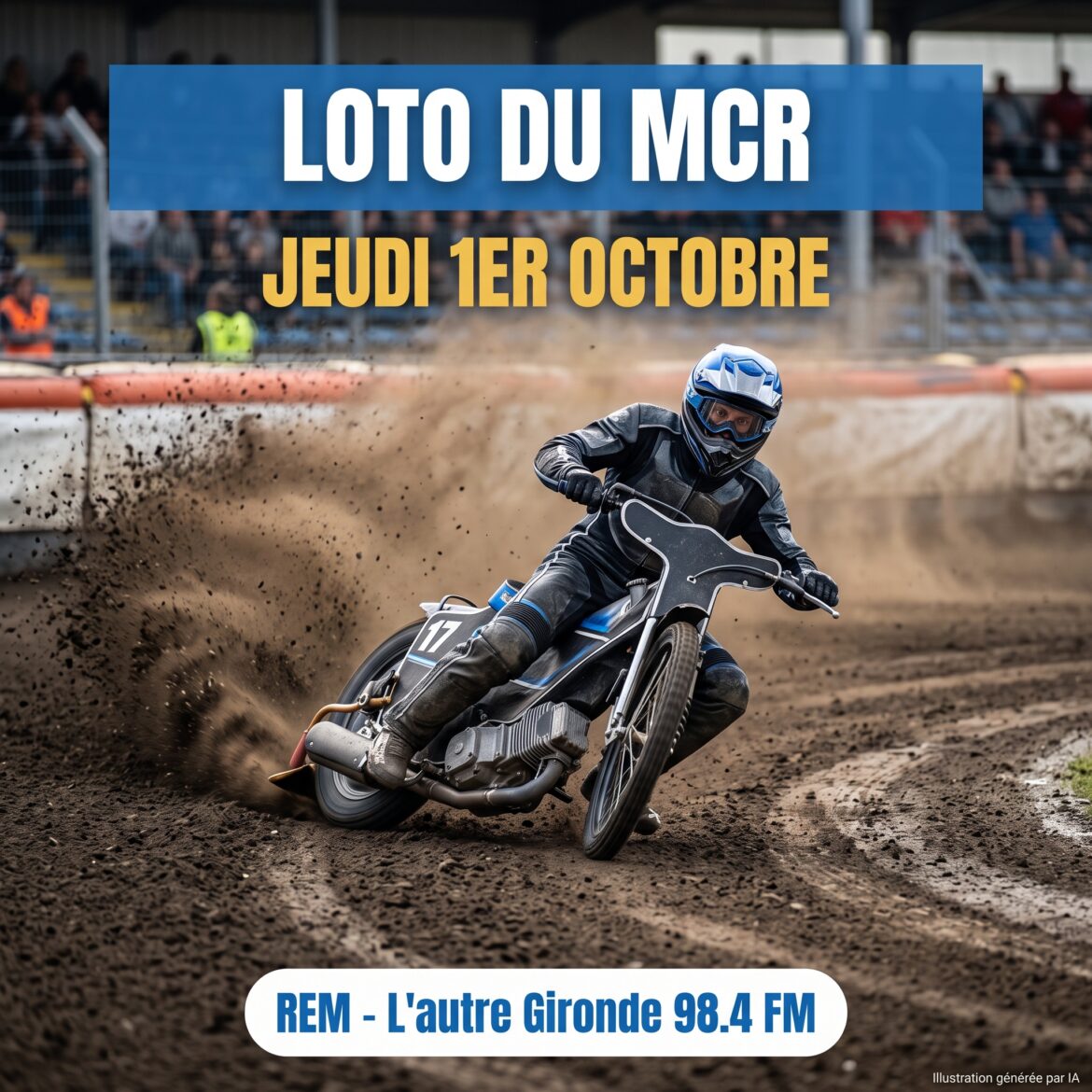 Alt : Pilote de speedway en virage sur une piste de terre, pour le loto du Moto Club Réolais à La Réole