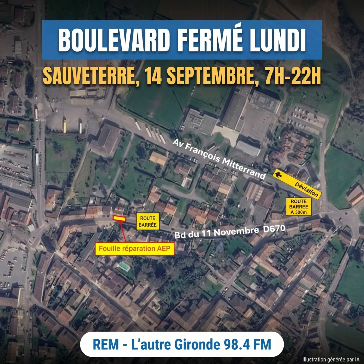 Travaux urgents sur une canalisation d'eau potable : le boulevard du 11 Novembre sera fermé lundi 14 septembre 2026, de 7h à 22h, à Sauveterre-de-Guyenne.