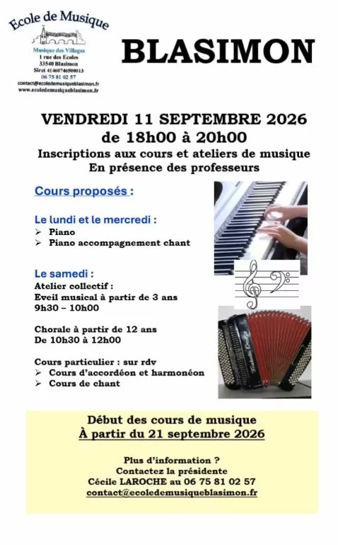 Affiche de l'école de musique de Blasimon annonçant les inscriptions le vendredi 11 septembre 2026 de 18h à 20h, 1 rue des Écoles