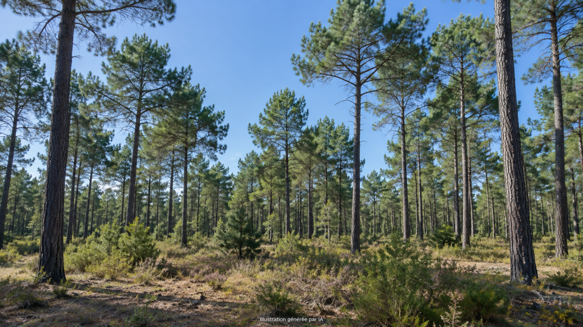 Forêt de pins en Gironde sous ciel dégagé, illustration de la vigilance jaune feux de forêt