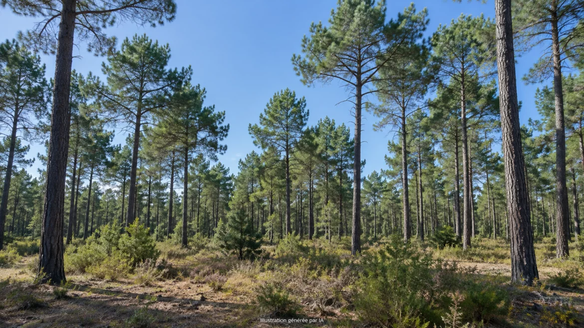Forêt de pins en Gironde sous ciel dégagé, illustration de la vigilance jaune feux de forêt