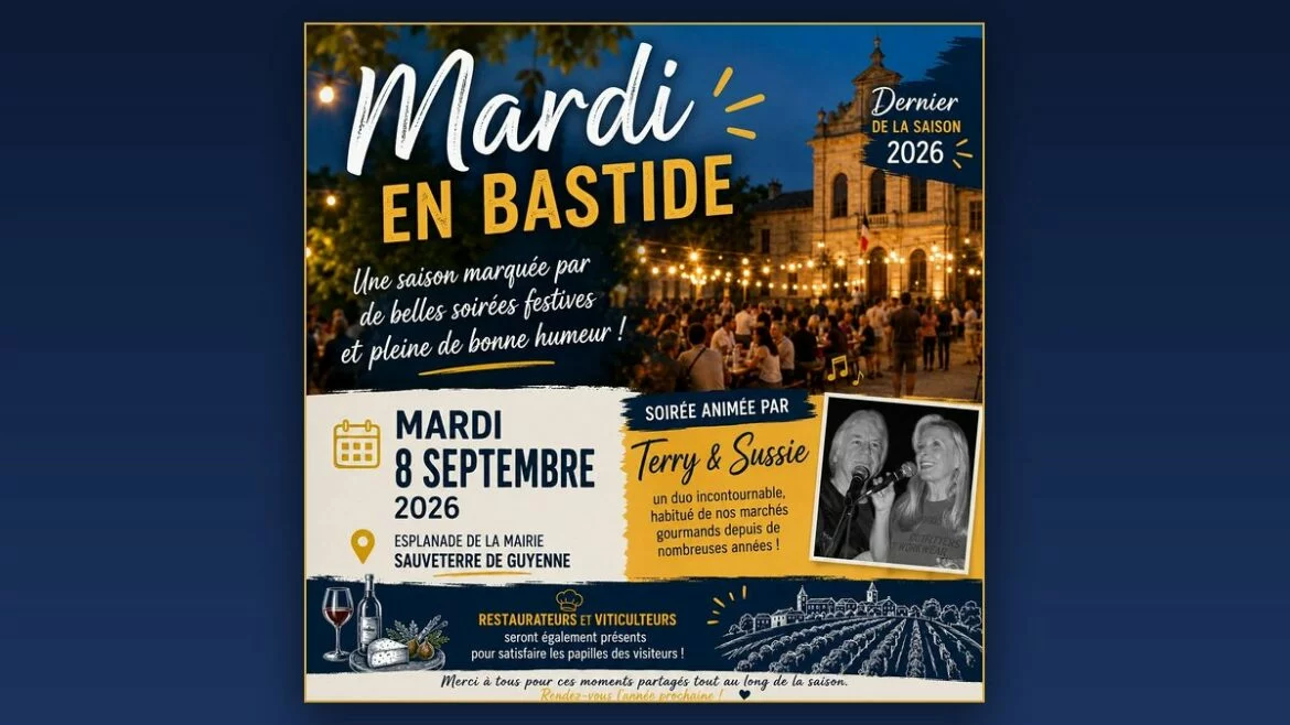 Affiche du dernier Mardi en Bastide de la saison 2026, mardi 8 septembre, esplanade de la mairie à Sauveterre-de-Guyenne
