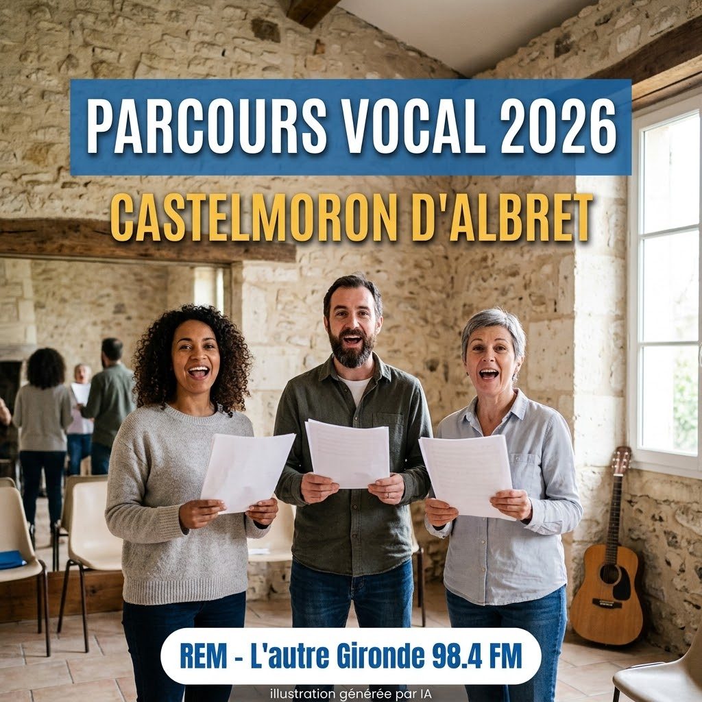 Trois adultes chantent partition à la main lors d'un atelier de chant du Bal Tempête à Castelmoron d'Albret, avec une guitare posée contre le mur en pierre