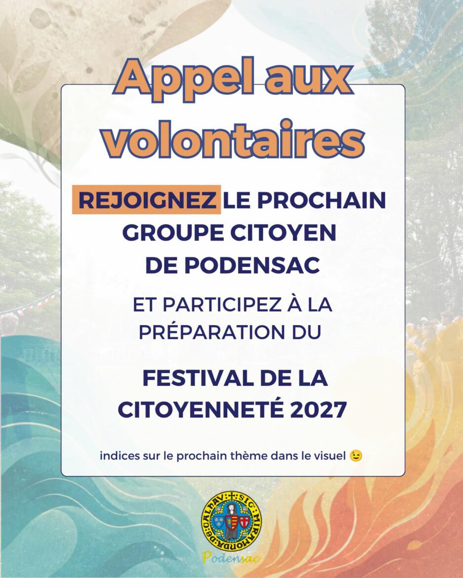 Affiche de la mairie de Podensac appelant les habitants à rejoindre le groupe citoyen du Festival de la citoyenneté 2027