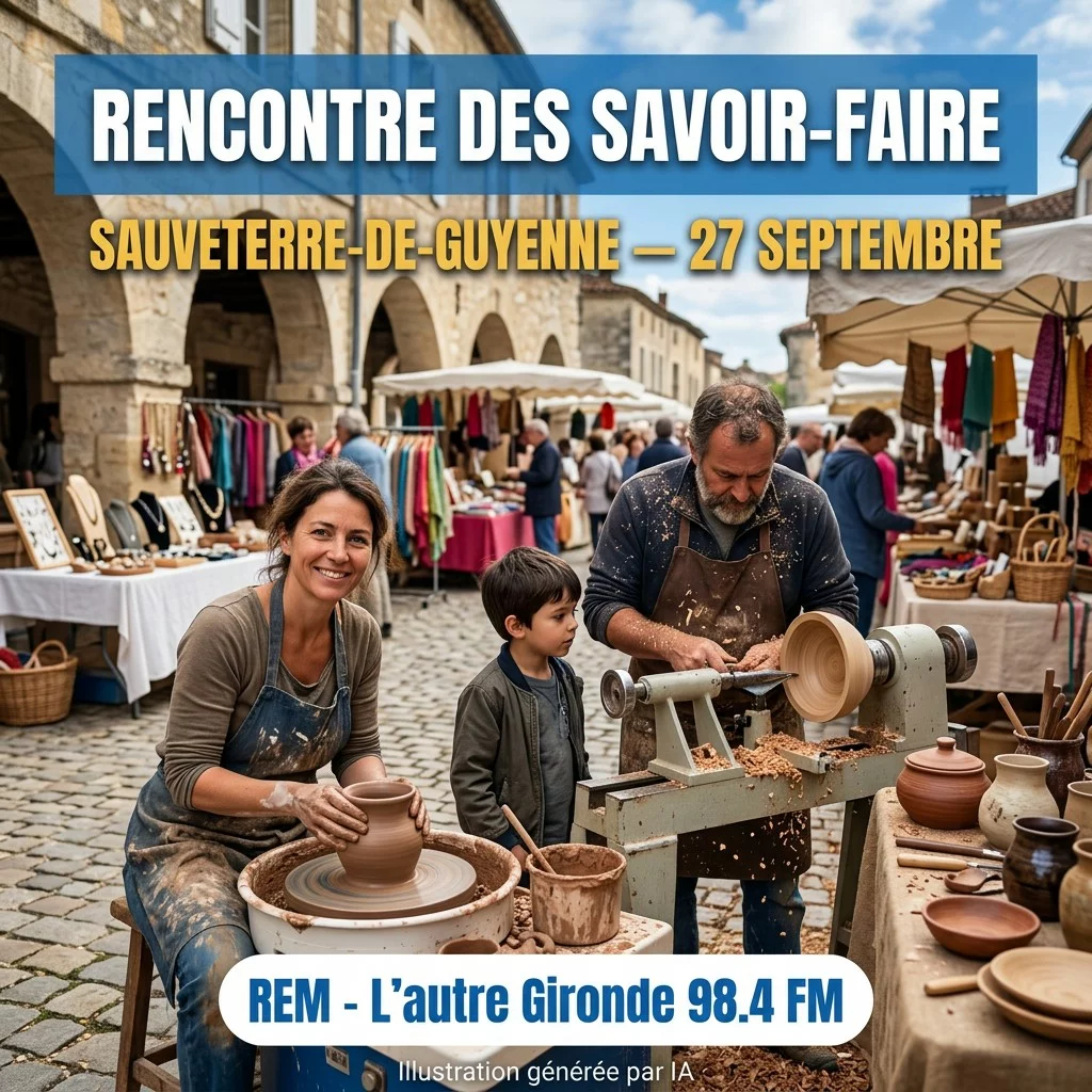 Illustration générée par IA : marché artisanal et démonstrations d'artisans à la 9e Rencontre des Savoir-Faire, place de la bastide de Sauveterre-de-Guyenne, dimanche 27 septembre 2026