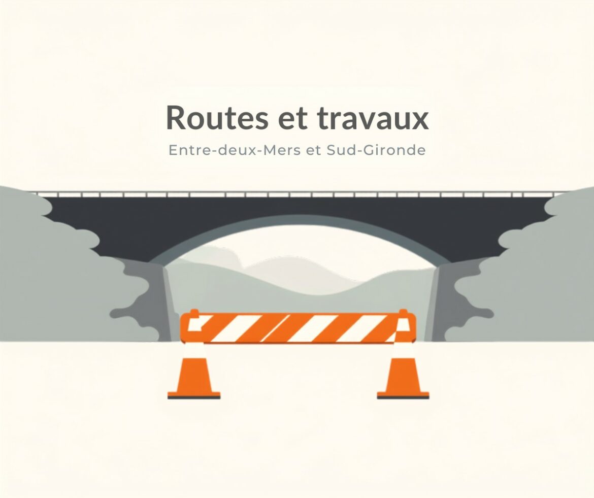Illustration : barrière de chantier et cônes orange devant un pont routier, routes barrées en Entre-deux-Mers et Sud-Gironde