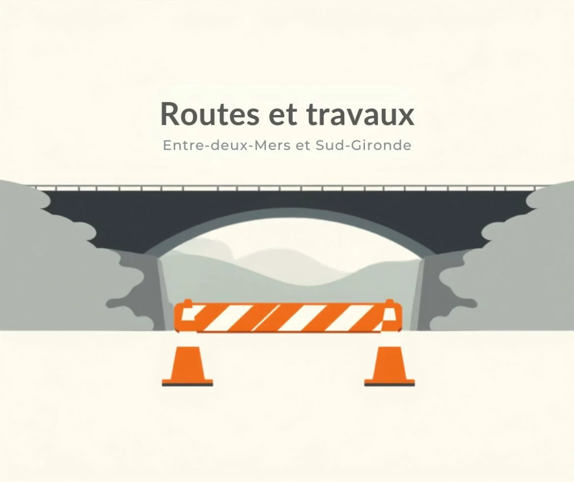 Illustration : barrière de chantier et cônes orange devant un pont routier, routes barrées en Entre-deux-Mers et Sud-Gironde