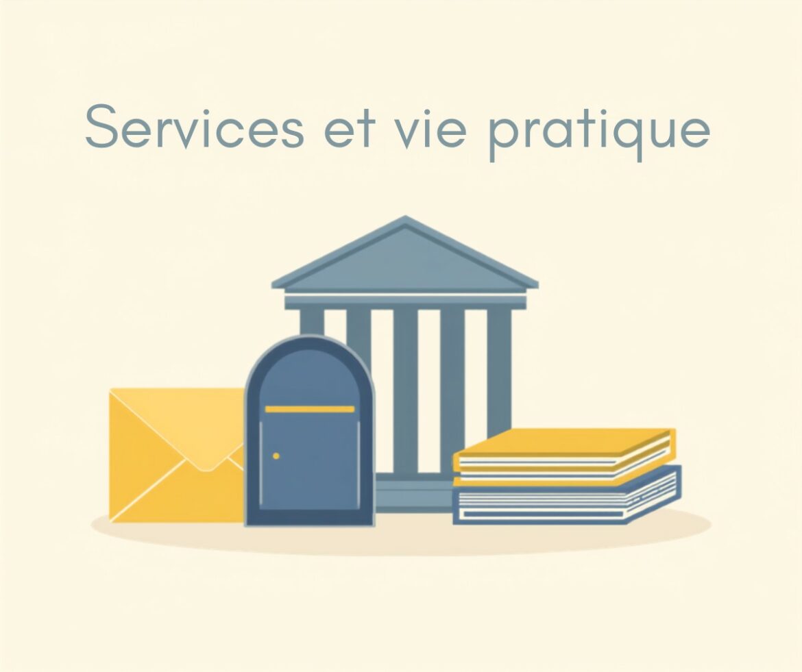 Illustration : boîte aux lettres, enveloppe et bâtiment public, démarches administratives et services publics en Entre-deux-Mers