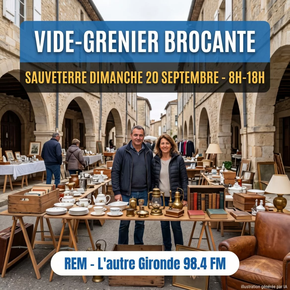 Stands de vide-grenier sous les arcades de la place de la République à Sauveterre-de-Guyenne, deux exposants derrière une table d'objets anciens.