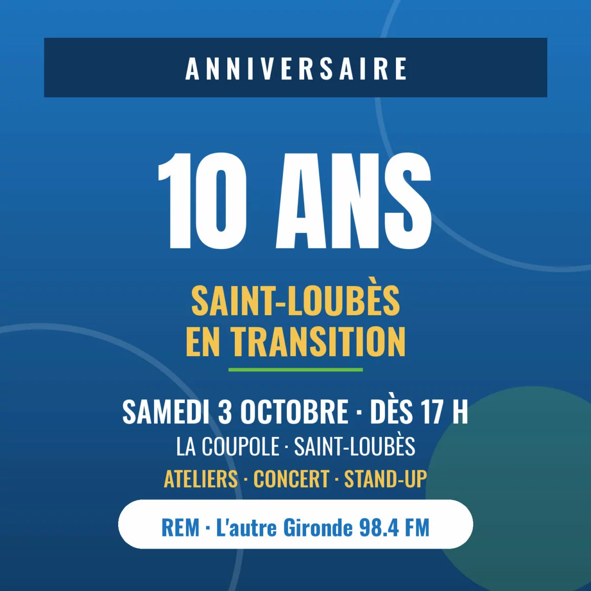 Visuel annonçant les 10 ans de l'association Saint-Loubès en transition, samedi 3 octobre 2026 à La Coupole de Saint-Loubès, en Gironde