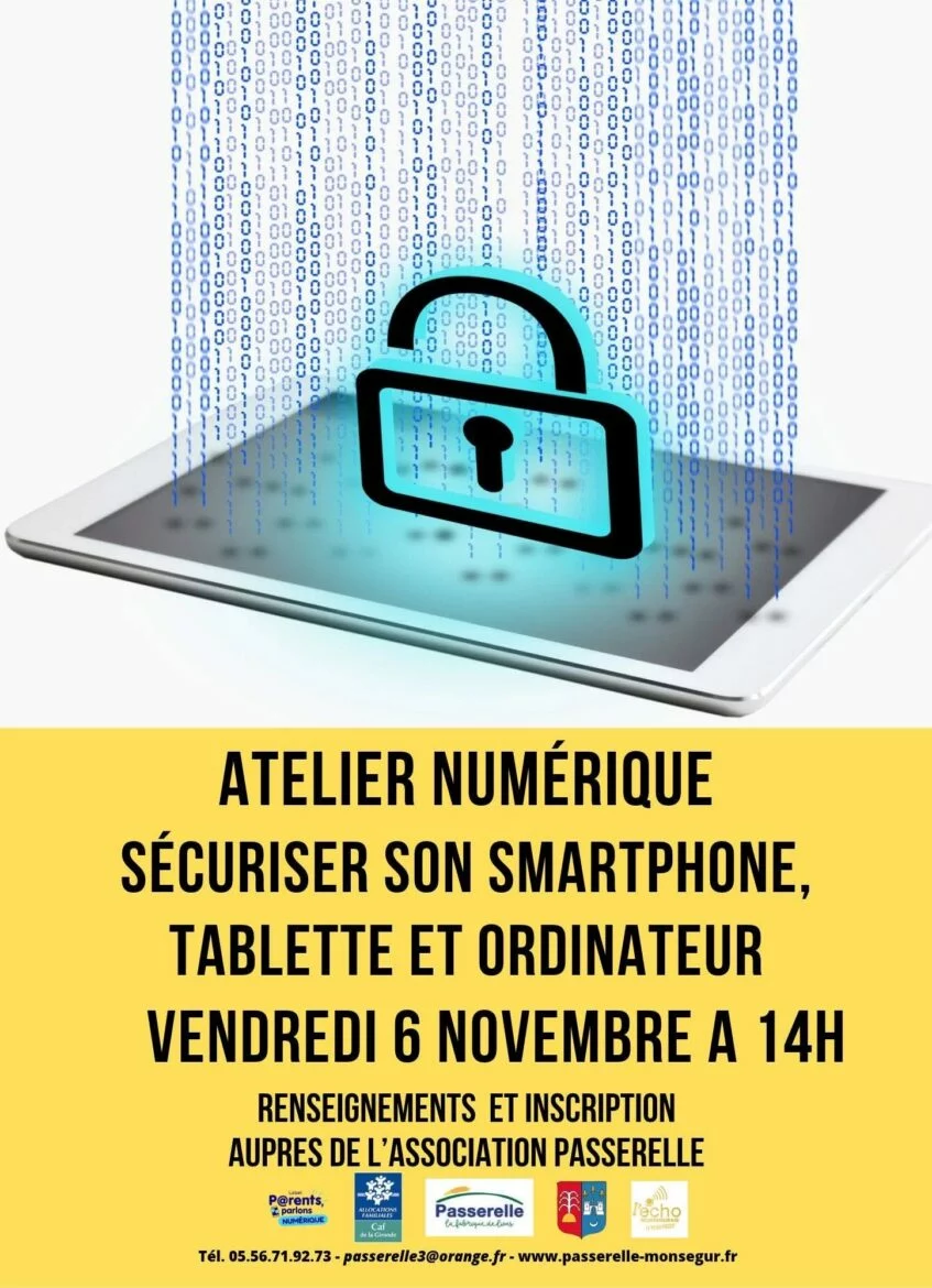 Affiche jaune : tablette surmontée d’un cadenas bleu et de colonnes de chiffres, annonce d’un atelier numérique
