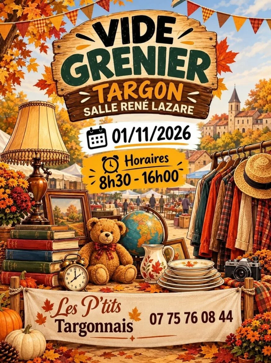 Affiche du vide-grenier de Targon le 01/11/2026, salle René Lazare, avec objets de brocante dans un décor d'automne
