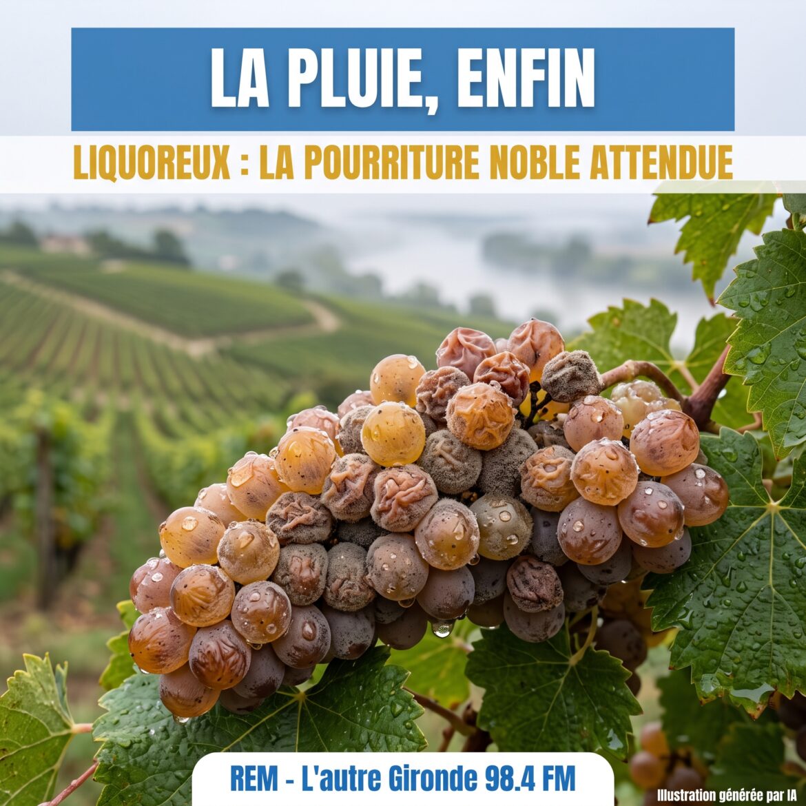 Une première pluie depuis des mois sur l'Entre-deux-Mers : à Cadillac, Loupiac et Barsac, les vignerons de liquoreux attendent la pourriture noble.