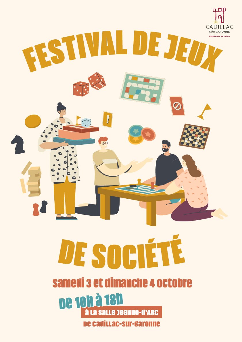 Affiche du festival de jeux de société à la salle Jeanne-d'Arc de Cadillac-sur-Garonne, samedi 3 et dimanche 4 octobre 2026, de 10 h à 18 h
