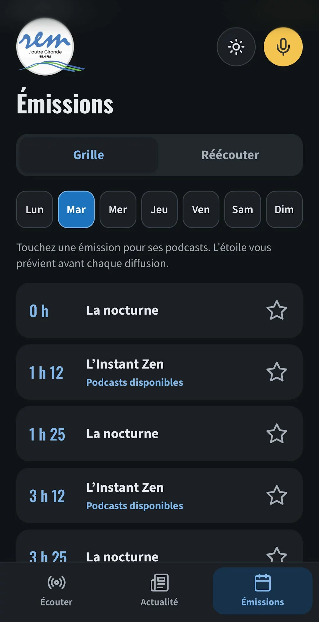 Écran Émissions de l'appli REM Radio : grille des programmes jour par jour
