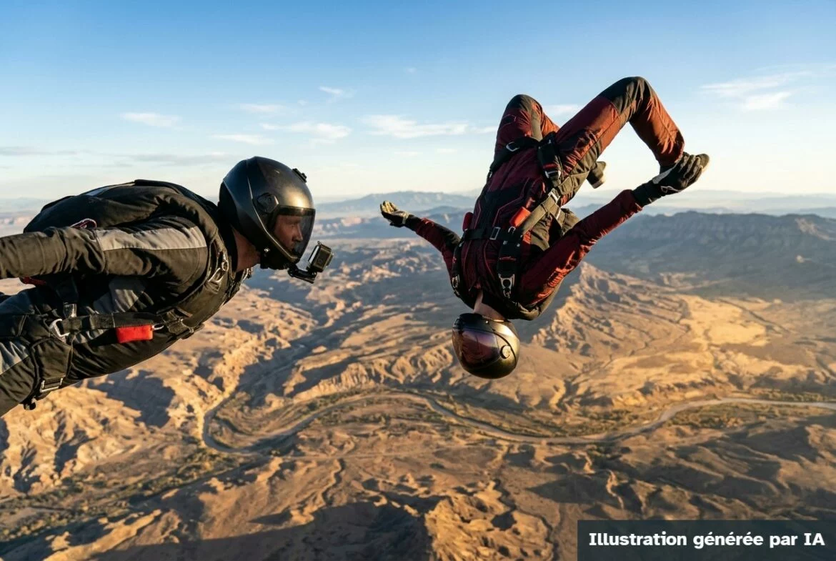 Illustration générée par IA : Deux parachutistes en plein vol acrobatique au-dessus d'une plaine ensoleillée.