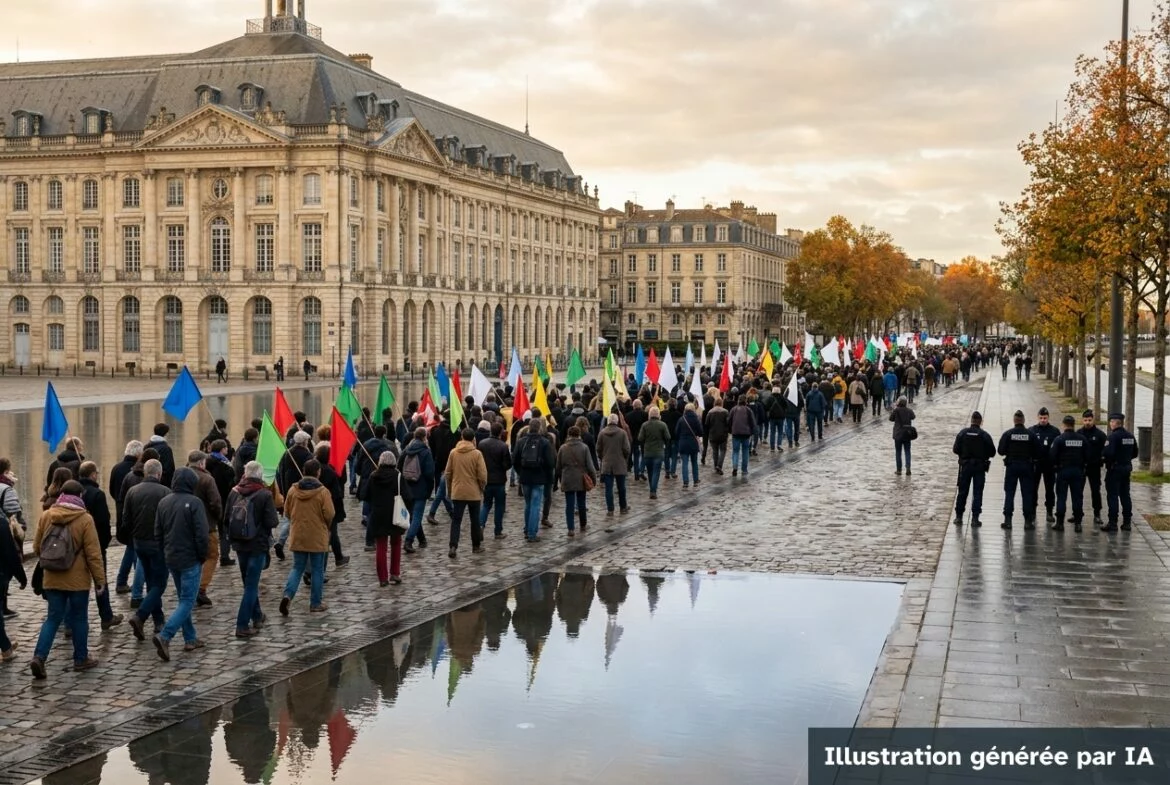 Illustration générée par IA : Foule de manifestants vue de dos sur une place de Bordeaux, façades en pierre blonde, lumière d'automne