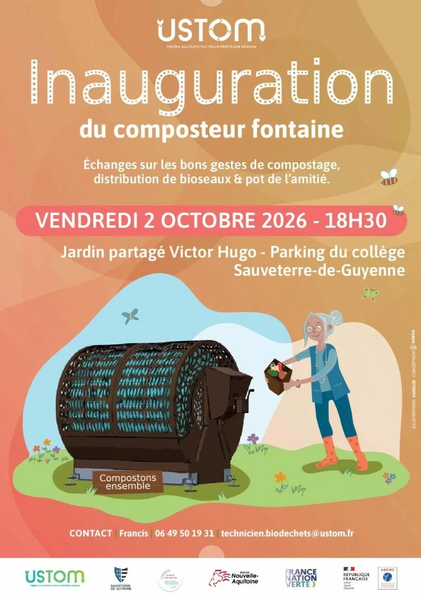 Affiche de l'USTOM pour l'inauguration du composteur fontaine au Jardin partagé Victor Hugo à Sauveterre-de-Guyenne, le 2 octobre 2026 à 18h30