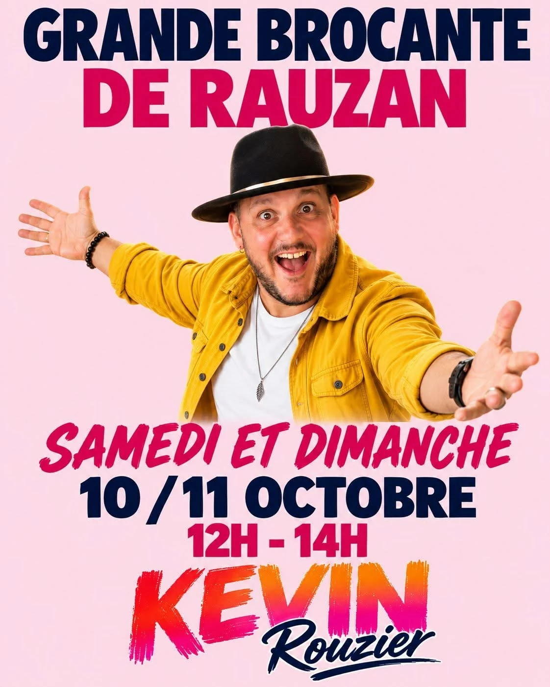 Affiche de la grande brocante de Rauzan, samedi 10 et dimanche 11 octobre, de 12 h à 14 h, avec le chanteur Kevin Rouzier
