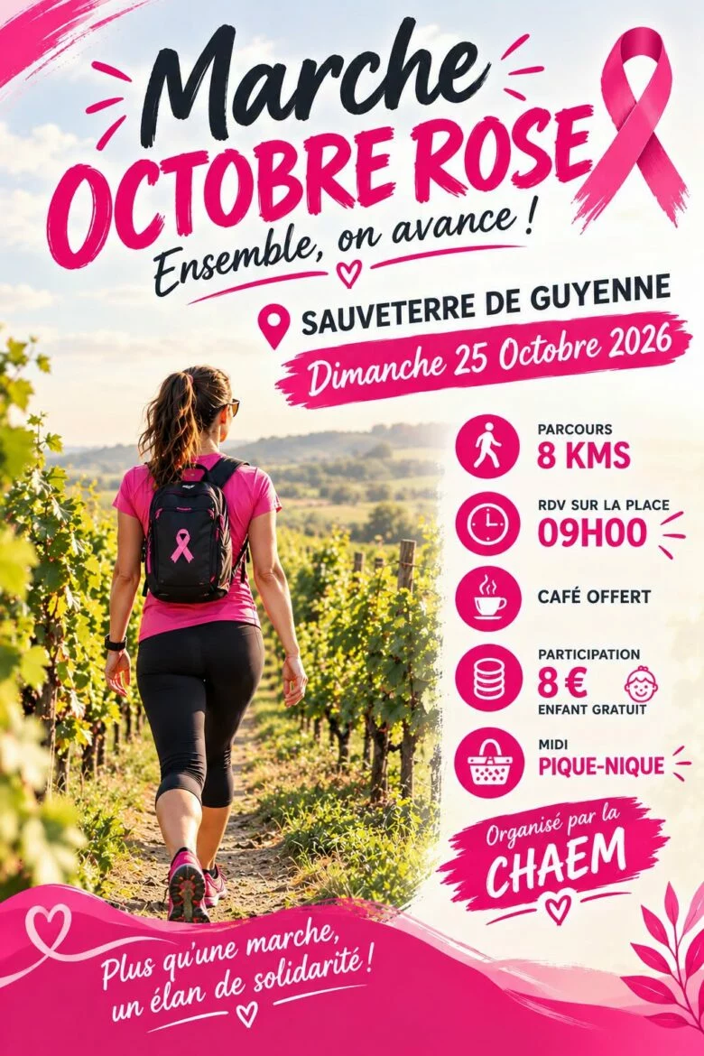 Le CHAEM organise sa troisième marche pour Octobre Rose le 25 octobre à Sauveterre-de-Guyenne. Parcours de 5 et 8 km au profit de la Ligue contre le cancer.