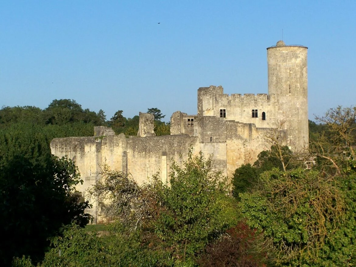 Château médiéval de Rauzan en Gironde, donjon cylindrique et remparts dominant la végétation de l'Entre-deux-Mers